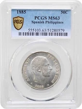 Philippines 50 sentimos 1885, PCGS MS63, "Spanish Colonia (1861 - 1897)"