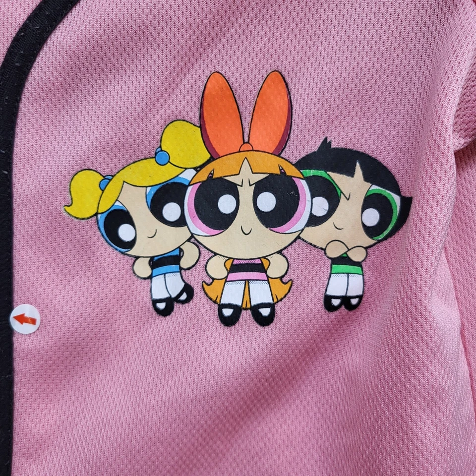 Camiseta deportiva de béisbol rosa pequeña Powerpuff para niñas y mujeres con gráfico LEER Foto 4 de 4