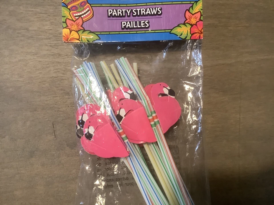 РОЗОВЫЕ СОЛОМИНКИ ДЛЯ ПИТЬЯ ФЛАМИНГО В ПОЛОСКУ гавайские ЛУАУ 18 ШТУК НОВЫЕ - Изображение 2 из 2