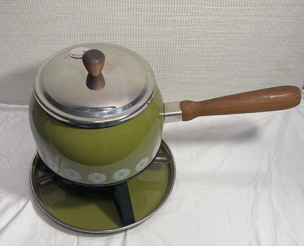 Vintage MCM Avocado GREEN Circle Flowers Enamel FONDUE POT SET Sterno