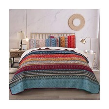 WONGS BEDDING Bohemian Quilt Set Queen, Boho Striped Pattern Printed Bedsprea...