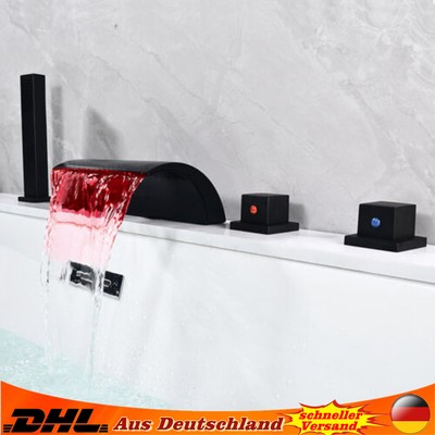Moderne 5 Loch Wannenrandarmatur Wasserfall Badewannenarmatur Duschset Schwarz