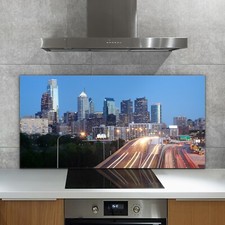 Glass Kitchen Tile Splashback Tile Back Plate Philadelphia at Night 140x70