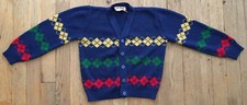 VTG 60s Kid  s Cardigan by Mustang, Blue w/ Argyle Pattern, Unisex, Sz 4-5 Yrs