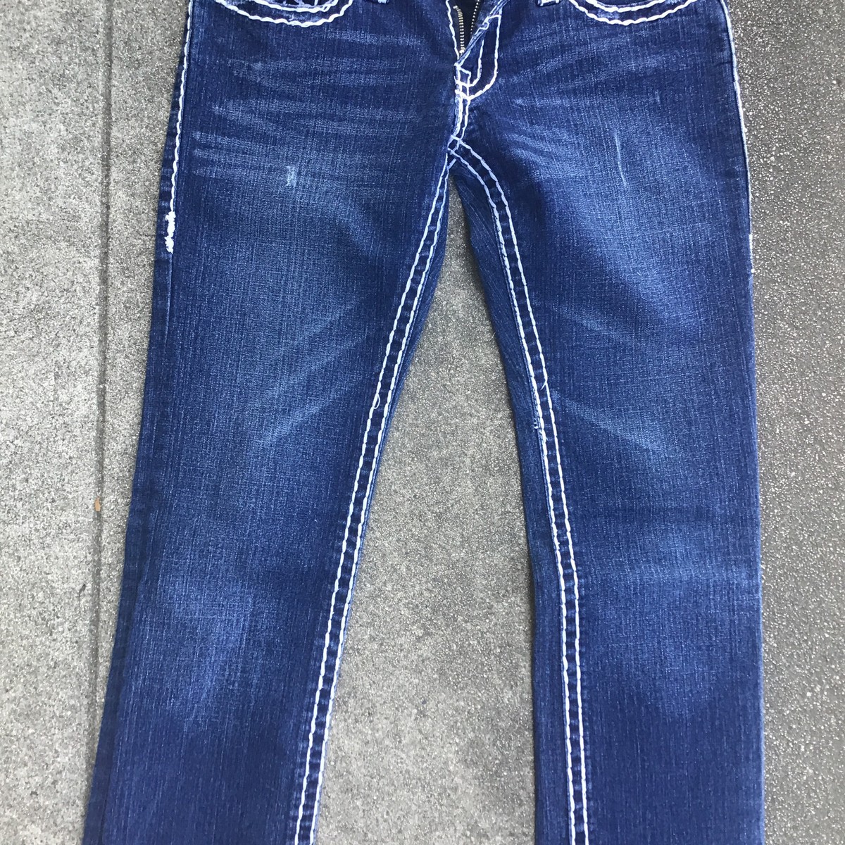 True Religion Womans Boot Cut Blue Jeans White Stitch Sz 28 (30
