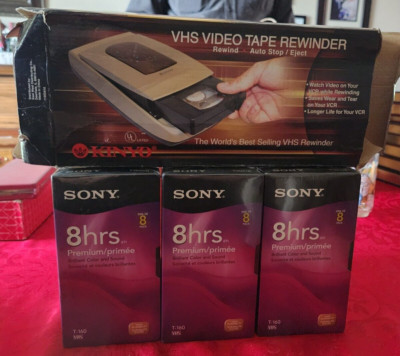 Lot of 24 Blank Sony VHS 8hr Tapes and Kinyo Tape Rewinder