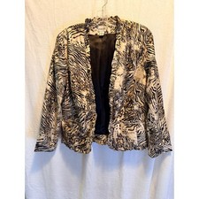 Chicos Silk Animal Print Blazer Jacket Ruffle Trim Tan Black Size 2 Large Womens
