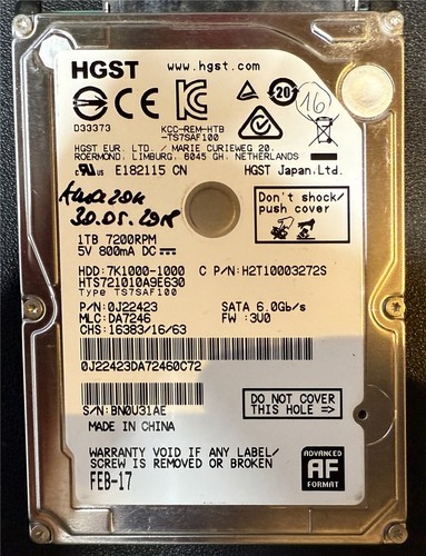 HGST, 1TB, 7K1000-1000, HTS721010A9E630, S/N: BN0U31AE, SATA HDD