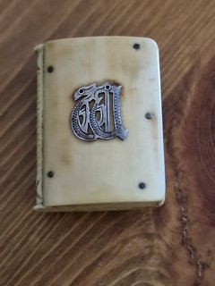 Antique 19th Cent Carved Bone Book Shape Vesta. Monogram On Front.