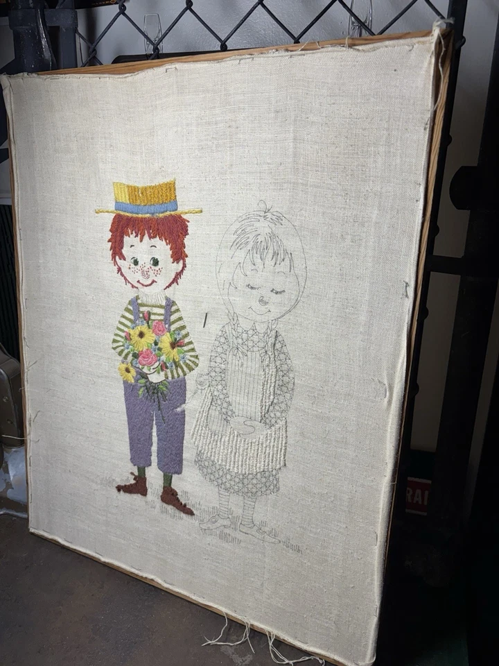 Handmade Needlepoint Artwork Wood Framed “Boy With Flowers For Girl” - Image 4 of 4