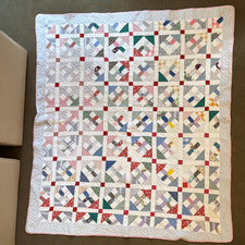 Antique Patchwork Quilt Handmade Geometric Block Red Sashing Cornerstone TWIN