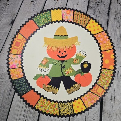 Vintage 1970's Halloween Placemats Set of 4 Thick Paper Circles 14  Patchwork
