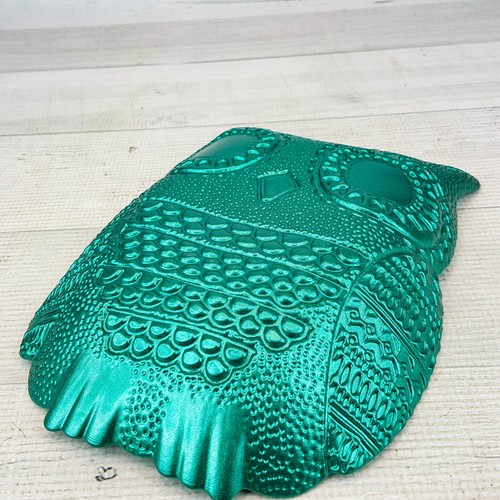 Glass Teal Green Iridescent Owl Bowl Dish 9 x 7" w Pattern Backside Textured - Picture 4 of 6