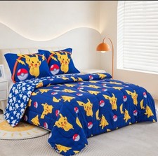 Pok mon Pikachu Full size Bedding Set Blue Cover Pillowcase Bedroom