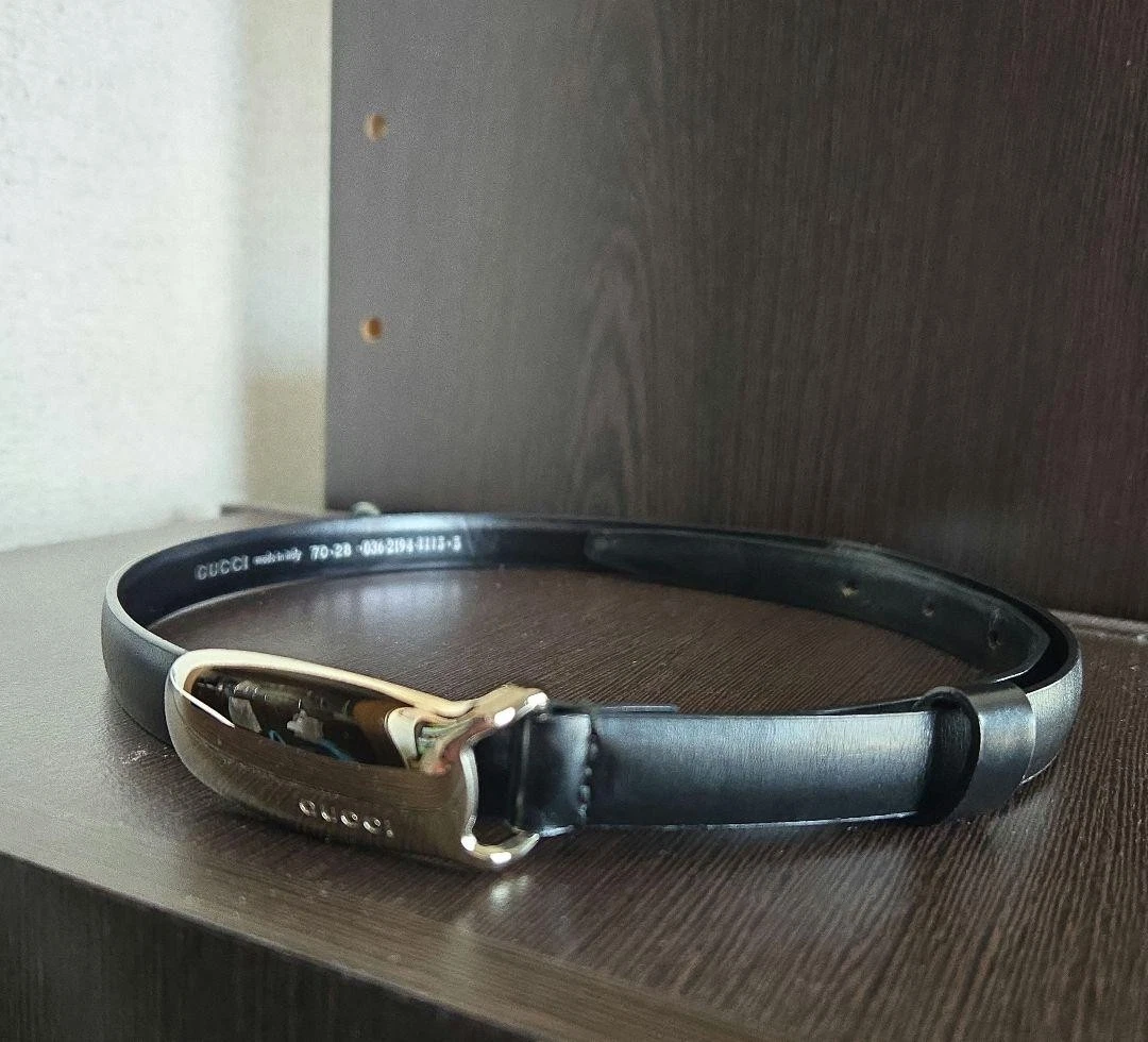 GUCCI 70/28 036 2194 1115 5 Ceinture Cuir Noir Argent Boucle Sans Boîte Logo
