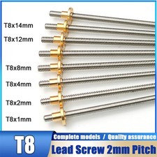 Tornillo de plomo T8 acero inoxidable 2 mm paso plomo 1 2 4 8 mm 12 14 mm brida tuerca de latón