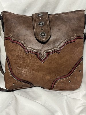 Justin Concealed Carry Crossbody Purse- Tonal Tan/Muted Red EUC 11.25  x 9.75 