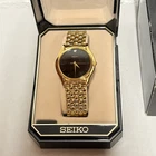 Seiko Quartz Classic Black Dial Diamond Marker V701-7A29 Women’s Gold Watch VTG
