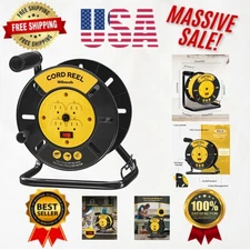 Retractable Extension Cord Reel - 100ft with 4 Outlets & Safety Circuit Breaker