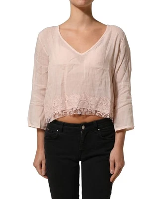 PINK MEMORIES Hellrosa Leinen V-Ausschnitt Langarm Bluse Damen Oberteil IT42|M - Bild 1 von 4