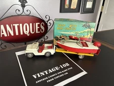 Vintage Friction Jeep w/Boat & Trailer & box! Japan Shioji & Co SSS Int. Rare!