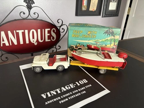 Vintage Friction Jeep w/Boat & Trailer & box! Japan Shioji & Co SSS Int. Rare!