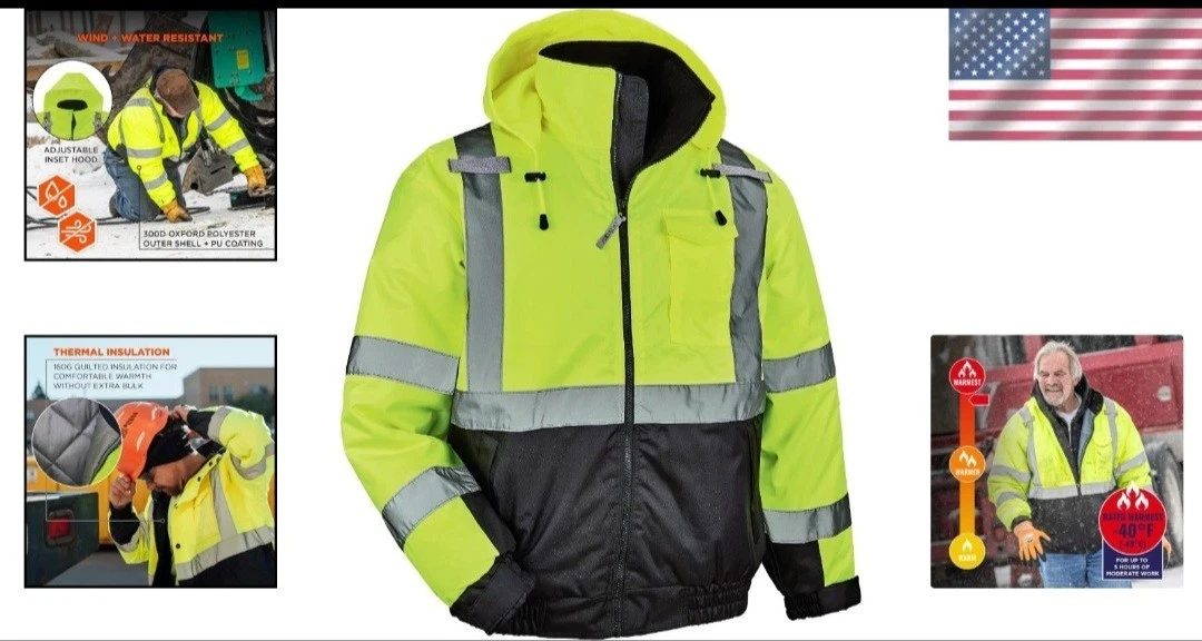 Hi Vis Bomber Safety Jacket Polyester Winter Class 3 Reflective Waterproof - product detail image 2