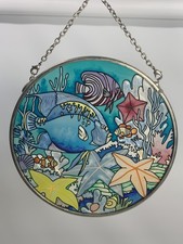 Amia Hand Painted Stained Glass Suncatcher Ocean Fish/starfish/coral Scene 3.5  