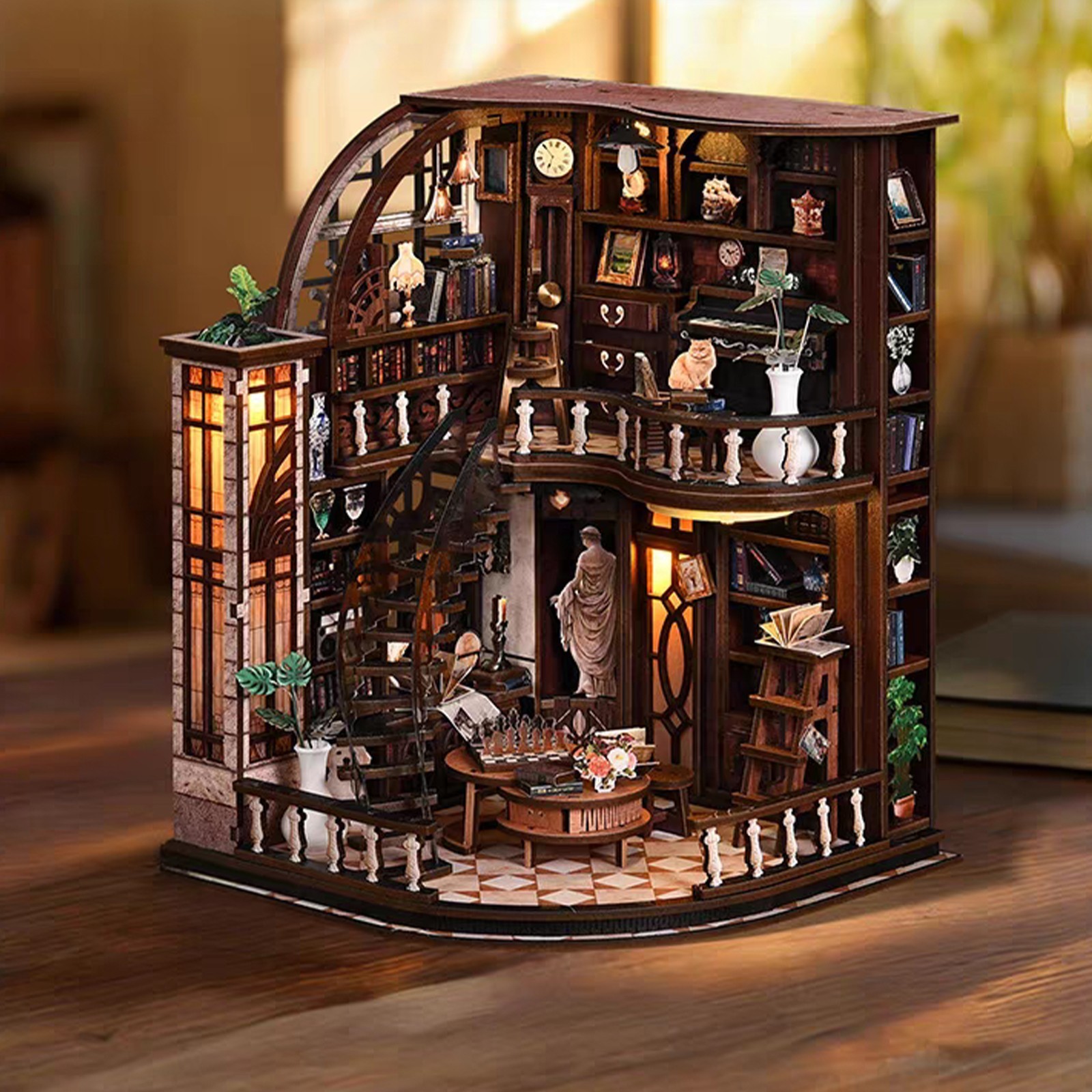 3D Wooden Puzzle Bacchus Study Book Nook Lights DIY Miniature Dollhouse Kit