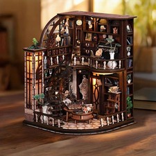 3D Wooden Puzzle Bacchus Study Book Nook Lights DIY Miniature Dollhouse Kit