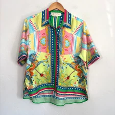 La Fuori Silk Carousel Top Women Sz Large Bright Colors Button Down Horse Flaw