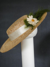 Straw hat-bonnet green feather and flower for antique or modern dolls Head 8-9"