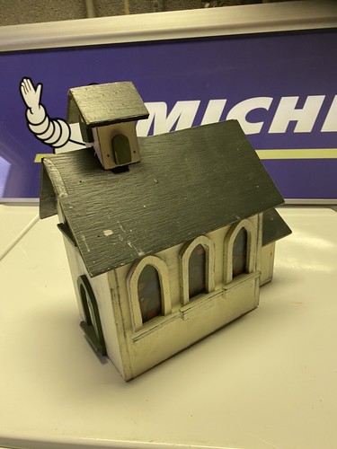 Decorative Wooden Church birdhouse . Painted Stained Glass Windows, Drawer