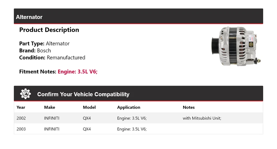 Alternador Bosch Infiniti QX4 2002-2003 3,5 L V6 (Remanufacturado) Foto 2 de 4