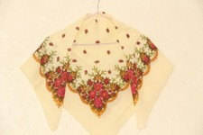 White shawl with flowers, Vintage traditional scarf, Ethnic Ukrainian shawl ussr