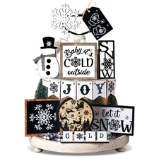 14 Pcs Winter Tiered Tray Decor Set Snowman Snowflake Table Decor Christmas T...