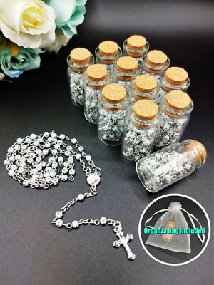US 4/12pcs White Bead Rosary Necklace in Wishing Bottle w Organza Bag Christian