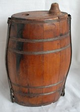 Cantimplora de madera antigua vintage 6 bandas de metal tope de madera ¡HERMOSA PÁTINA! Rústico