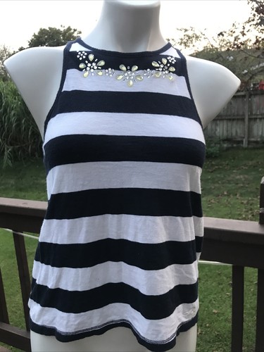 Top à Rayures Hippie Rose - Taille Juniors M - Noir & Blanc - Bordure 'Lettuce' - Occasion TBE