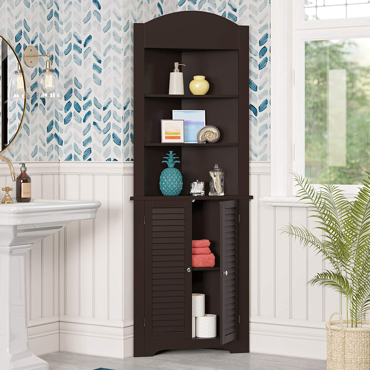 Espresso Wooden Corner Linen Tower Bathroom Towel Tall Storage