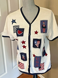VINTAGE CROFT & BARROWS CARDIGAN USA FLAG PATRIOTIC SHORT SLEEVES COTTON SZ S