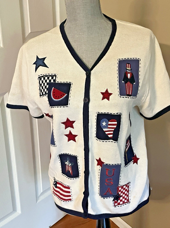 VINTAGE CROFT & BARROWS CARDIGAN USA FLAG PATRIOTIC SHORT SLEEVES COTTON SZ S