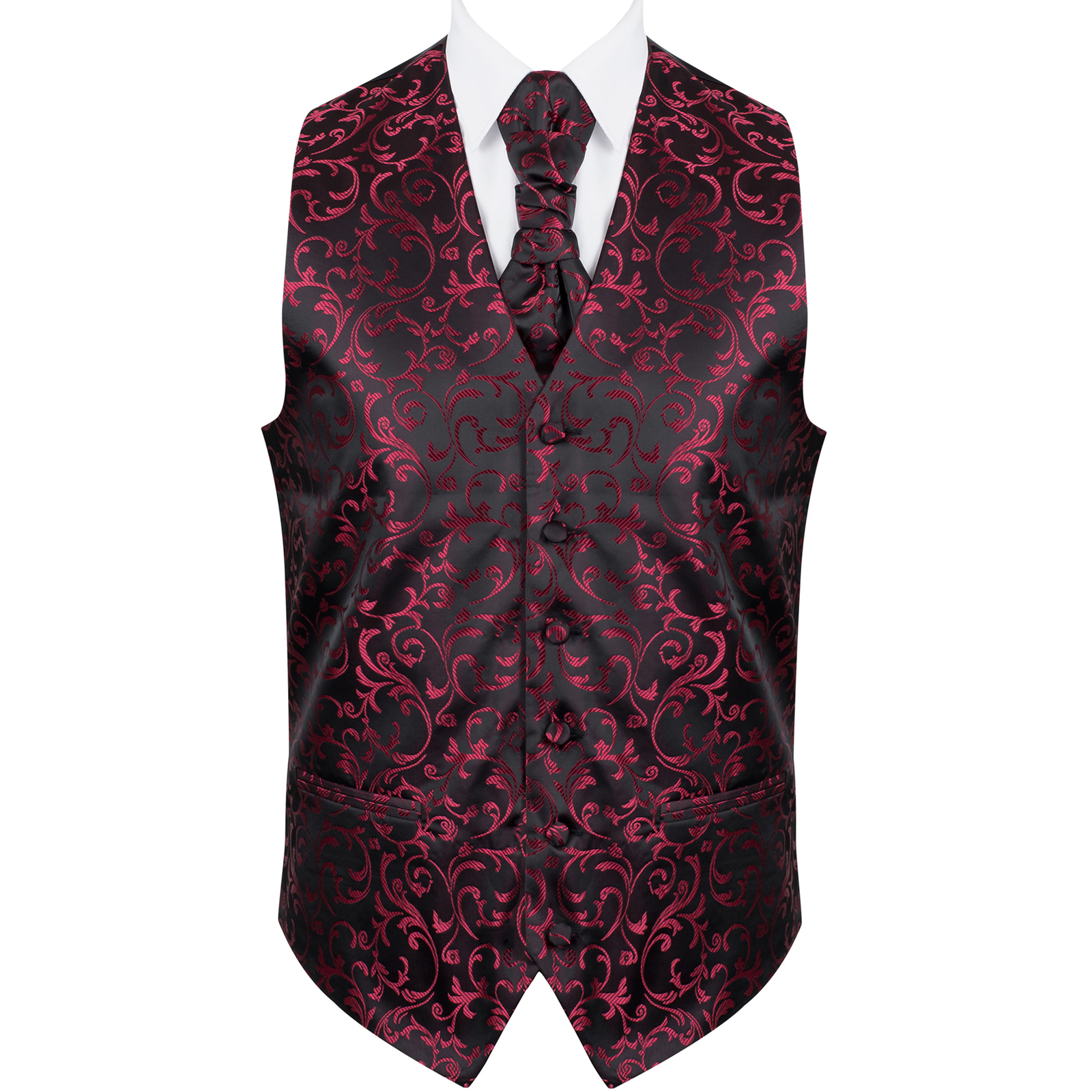 Burgundy on Black Jacquard Wedding Waistcoat with 6 Swirl Leaf Buttons