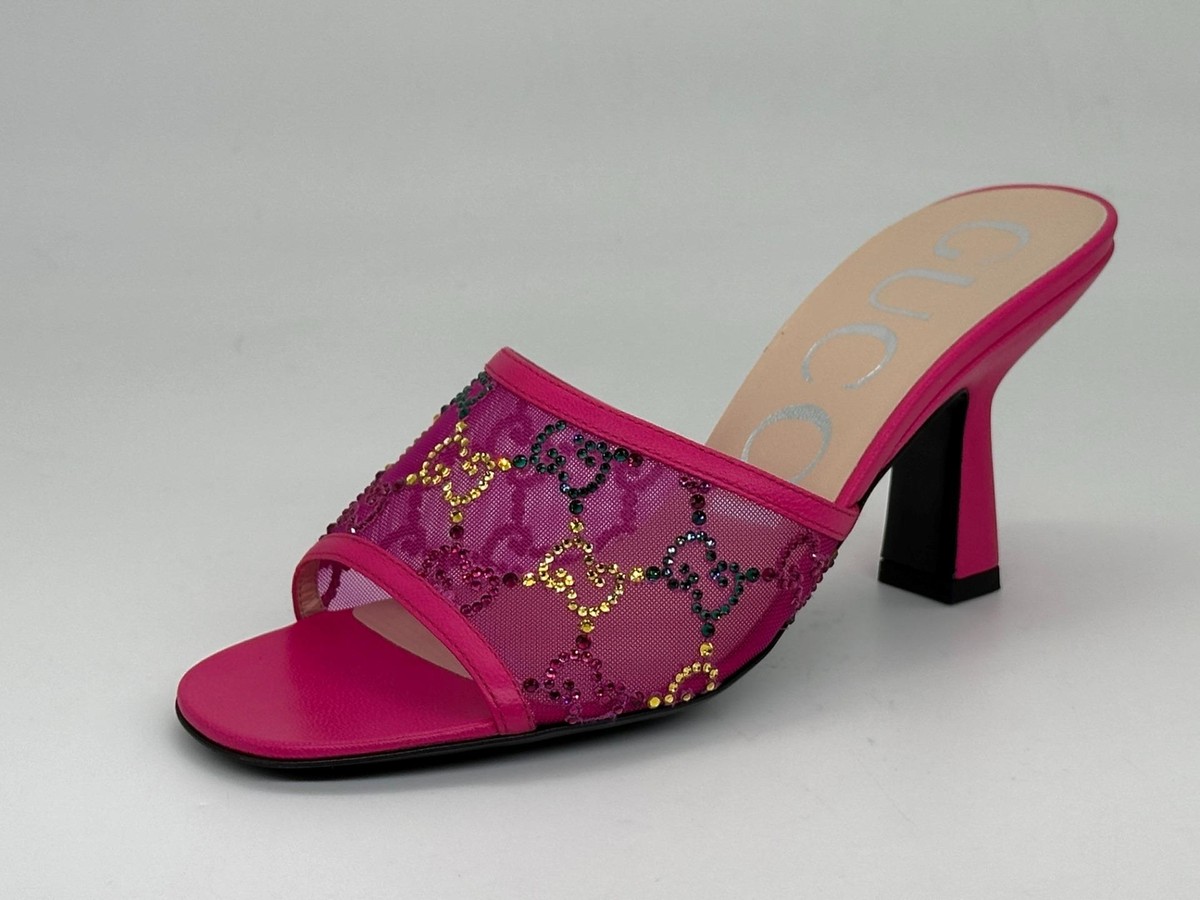 Gucci GG Monogram Demi Rhinestone Crystal Mesh Mules Heels