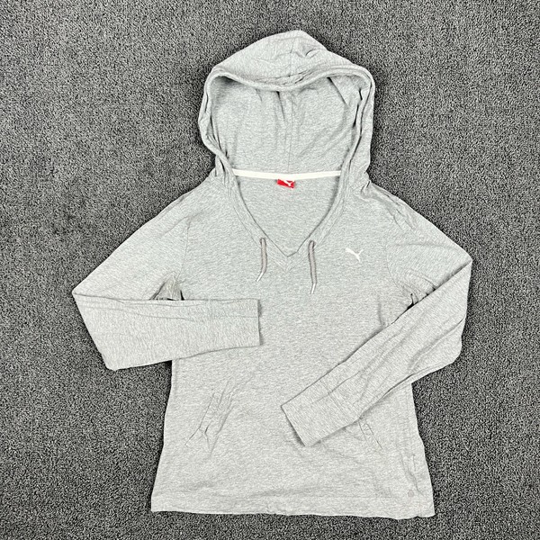 Puma Jumper Hoodie Sweatshirt Women Medium M V-Neck Hooded Solid Cotton Grey