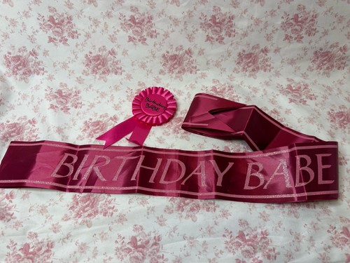 Birthday Babe Satin Sash & Rosette Pin Set Pink Glitter Party Accessory