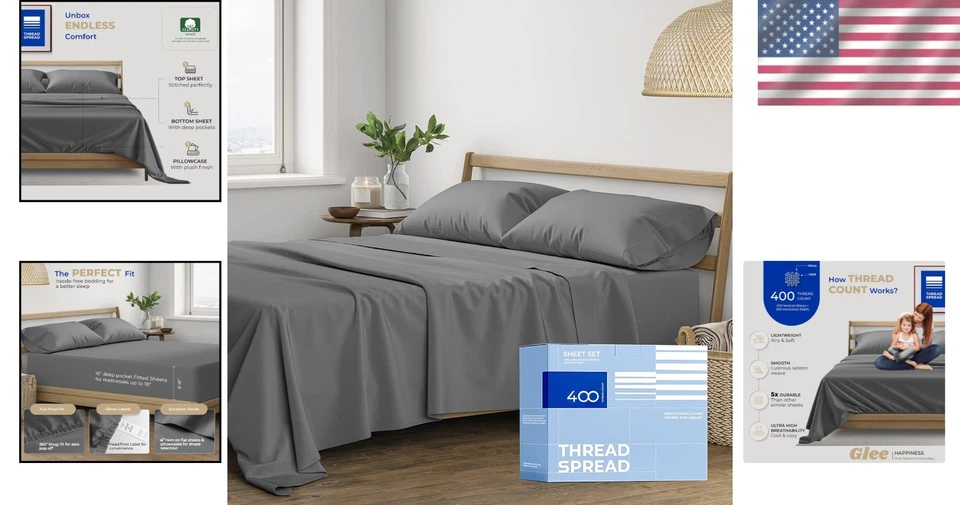 Sábanas dobles XL de algodón refrescante - Tela transpirable, gris oscuro Foto 2 de 4