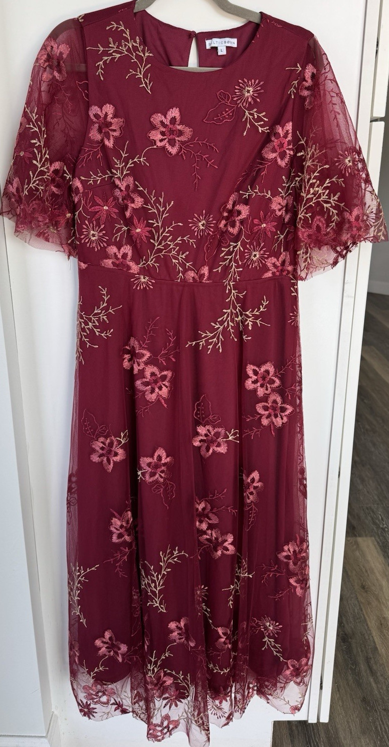 Baltic Born Arabella Embroidered Tulle Maxi Dress in Burgundy Floral Size L