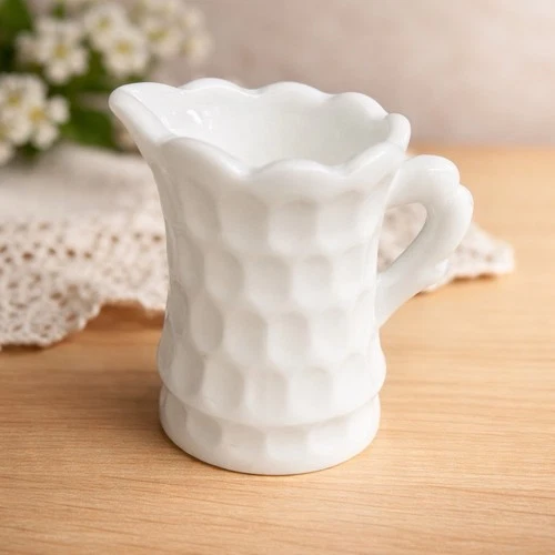 Vintage Kanawha Milk Glass Thumbprint Pattern Creamer Mini Pitcher  3.5"H EUC