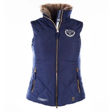 HORZE Crescendo Quilted Puffer Vest Faux Fur Collar Navy Blue Equestrian Sz XL